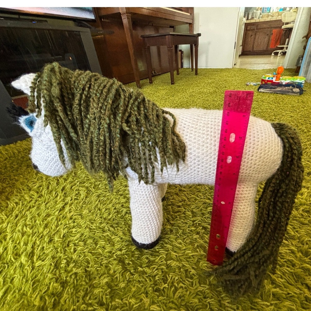Handmade Crochet Horse Plush White Green Mane Amigurumi Folk Art Pony 12"